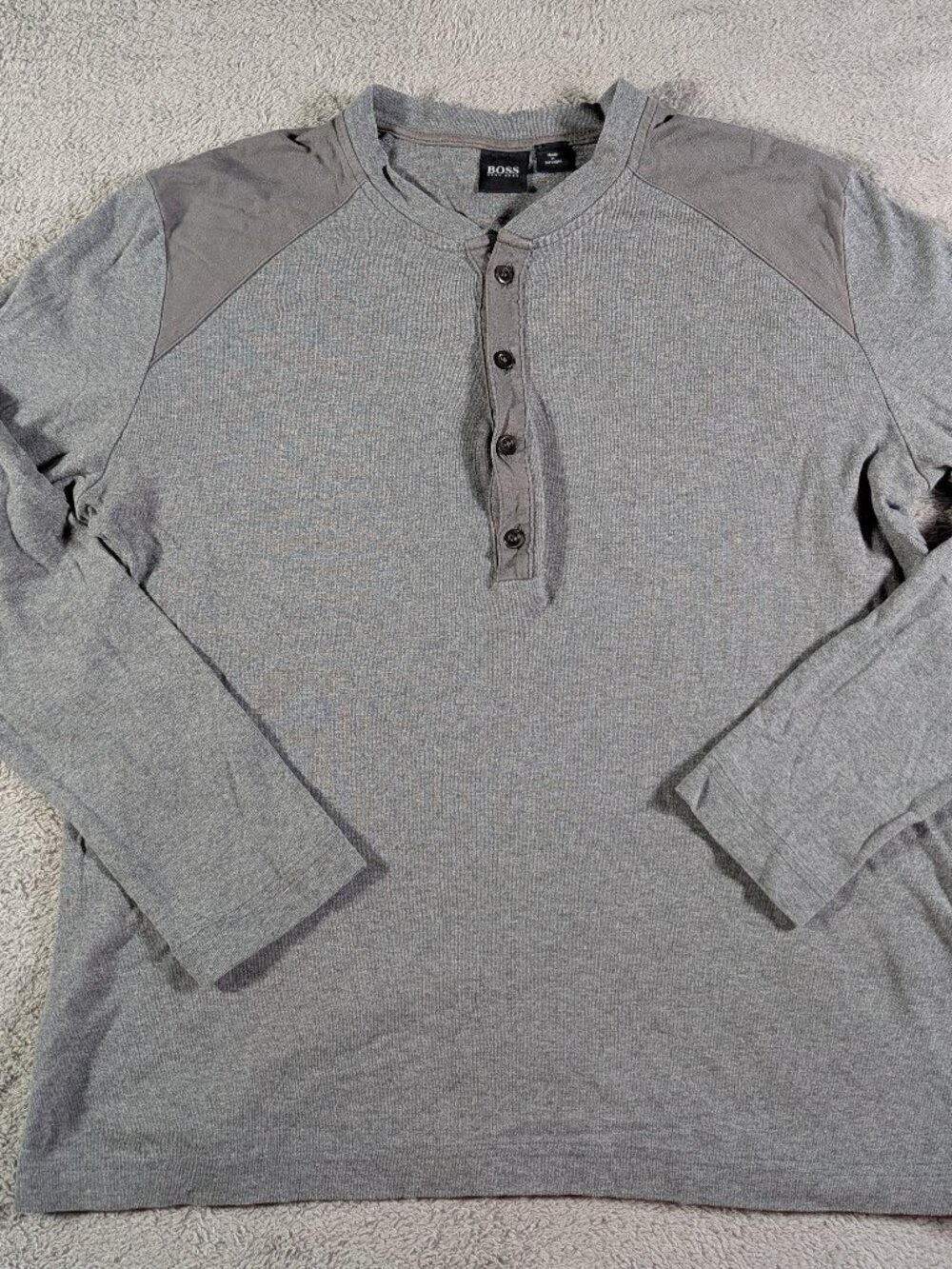 Hugo Boss Small Grey Long Sleeve Henley 100% Cotton Raglan Tee